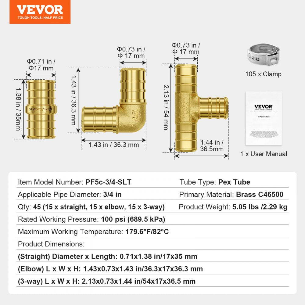 Pipe Fittings 3/4" 45PCS (Straight,Elbows,Tees) Brass Push-Fit for Air