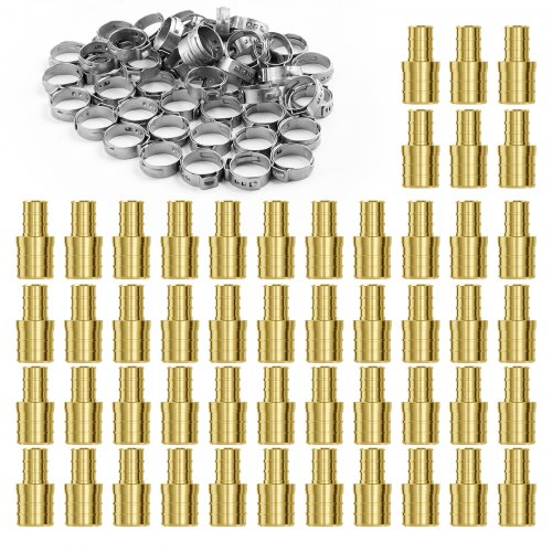 50 brass PEX pipe fittings with clamps, 1/2"-3/4" NPT, in a pack.
