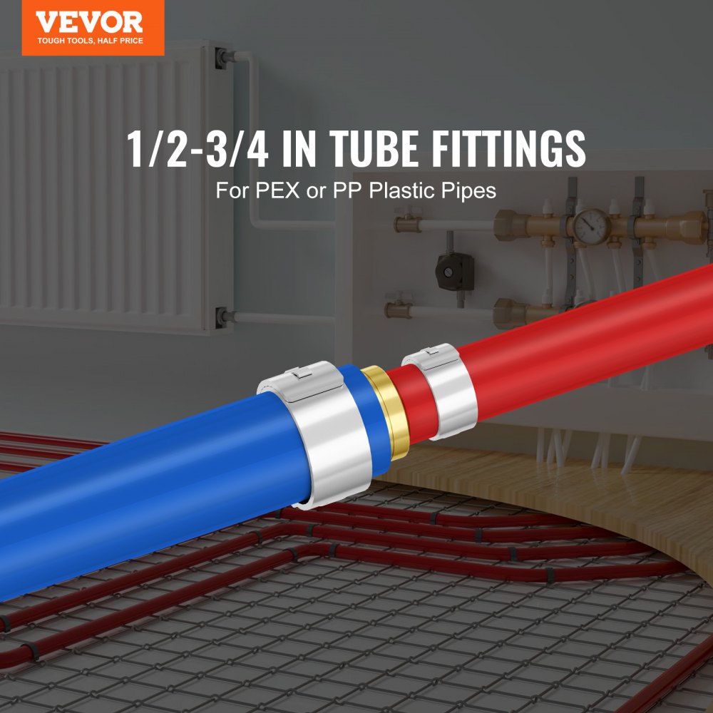 50 brass clamp-style PEX pipe fittings in 1/2-3/4 inch sizes for plastic pipes.
