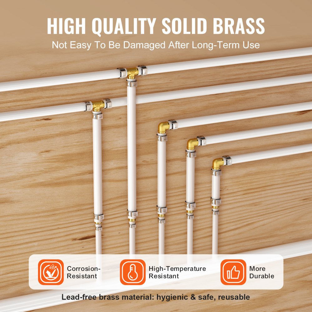 Assortment of 50 solid brass PEX pipe fittings with white pipes on wood surface.