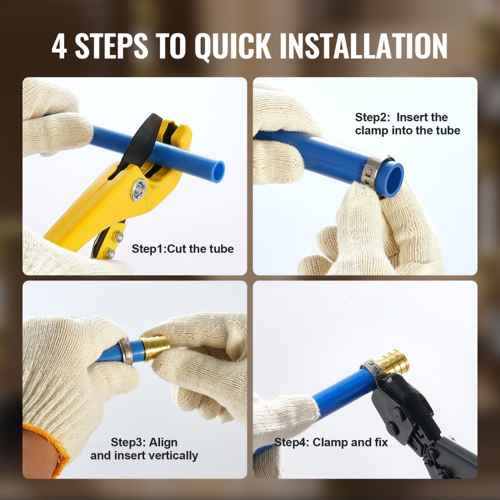 Four-step diagram showing quick installation of brass PEX pipe fittings with clamps.