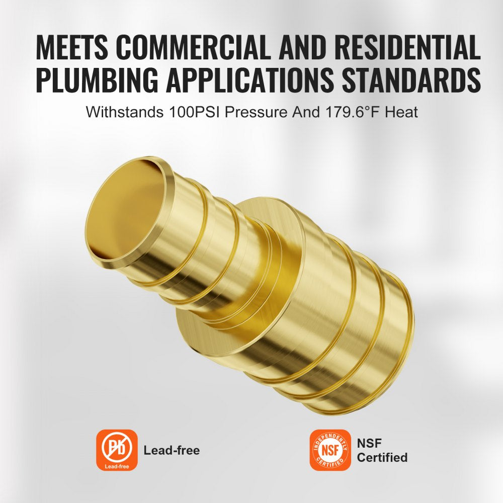 Golden brass PEX pipe fitting with clamp-style NPT ends in 1/2"-3/4" sizes.