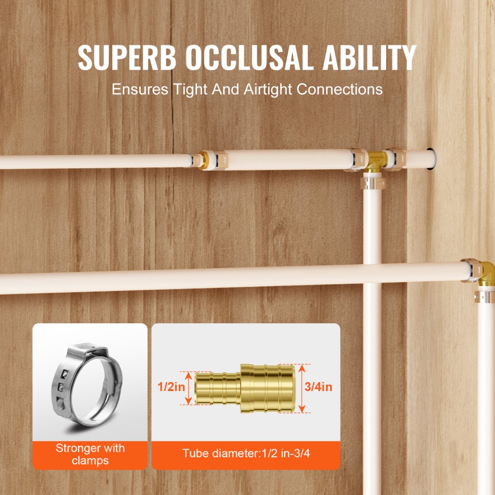 Brass PEX pipe fittings with clamps for 1/2-inch to 3/4-inch tubing, shown in pack and installed.