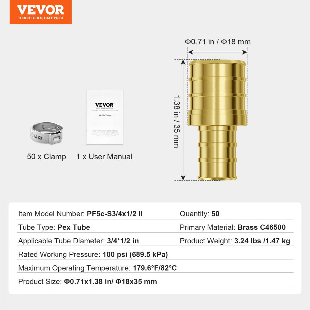 Pack of 50 brass PEX pipe fittings with clamps for 1/2" to 3/4" tubing.