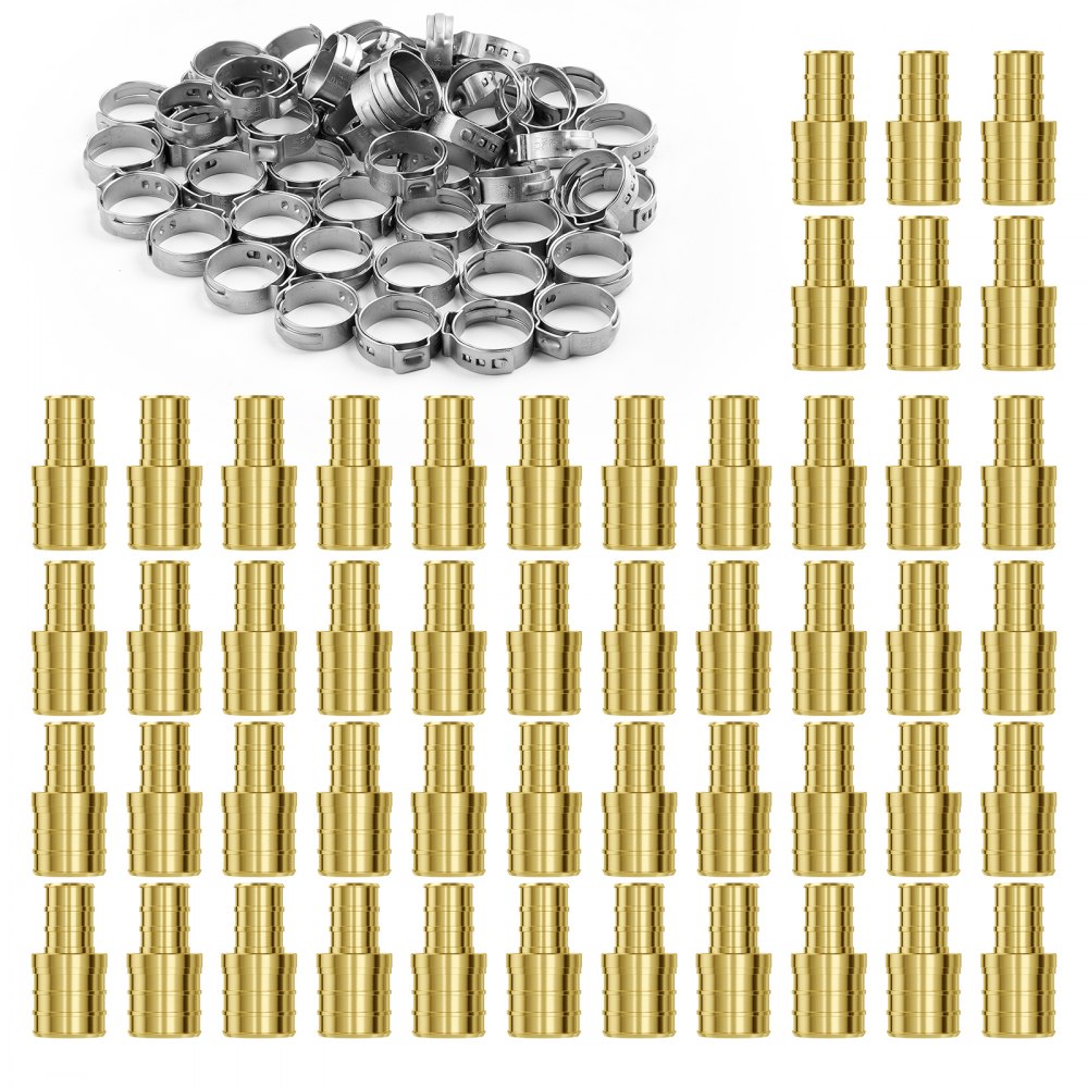 A pile of silver clamps and 50 brass PEX pipe fittings are shown on a white background.
