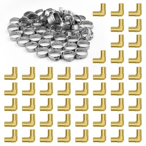 Pack of 50 brass 1/2-inch clamp-style elbow pipe fittings with clamps for PEX systems.