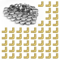 Pack of 50 brass 1/2-inch clamp-style elbow pipe fittings with clamps for PEX systems.