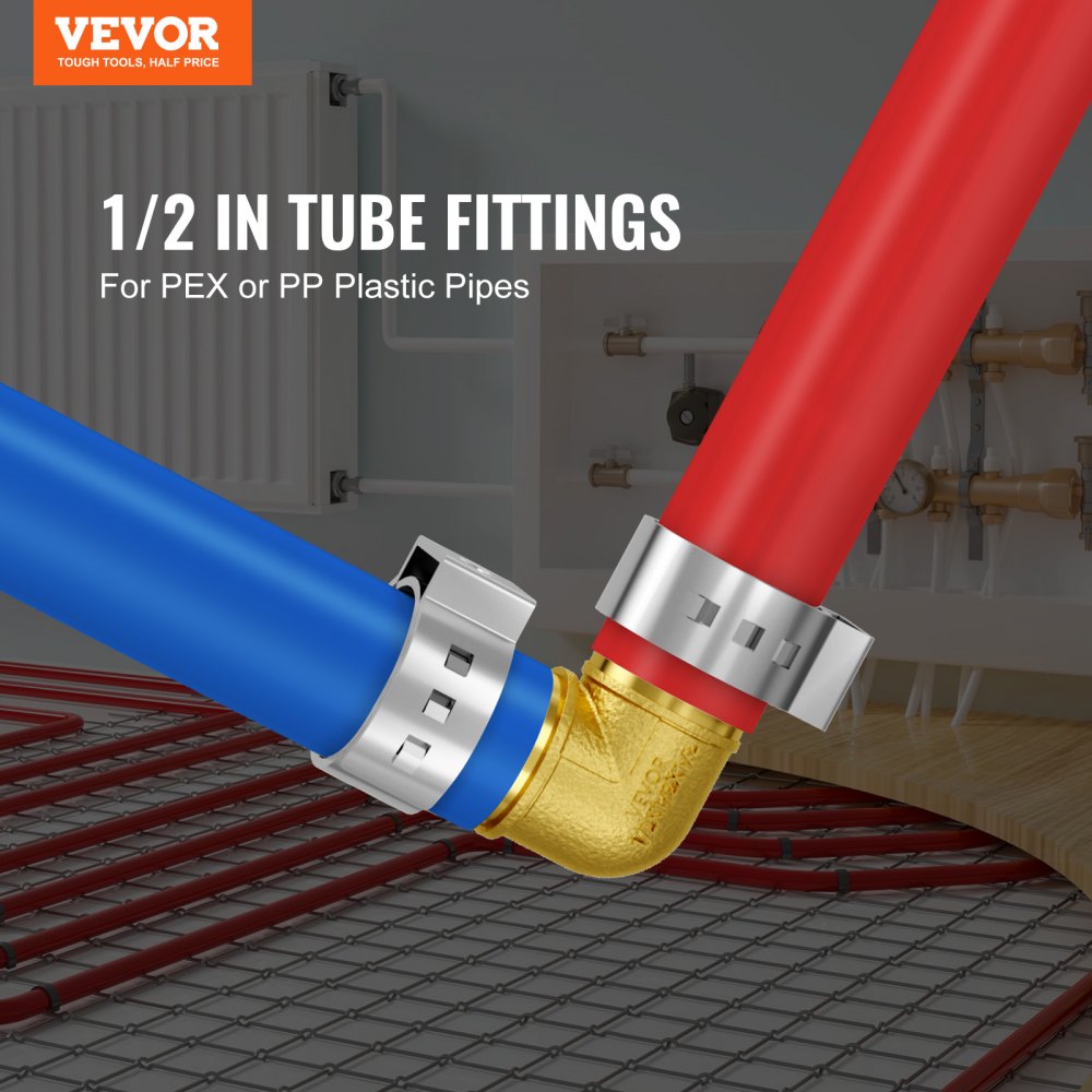 50 brass clamp-style elbow fittings for 1/2 inch PEX pipes in heating systems.