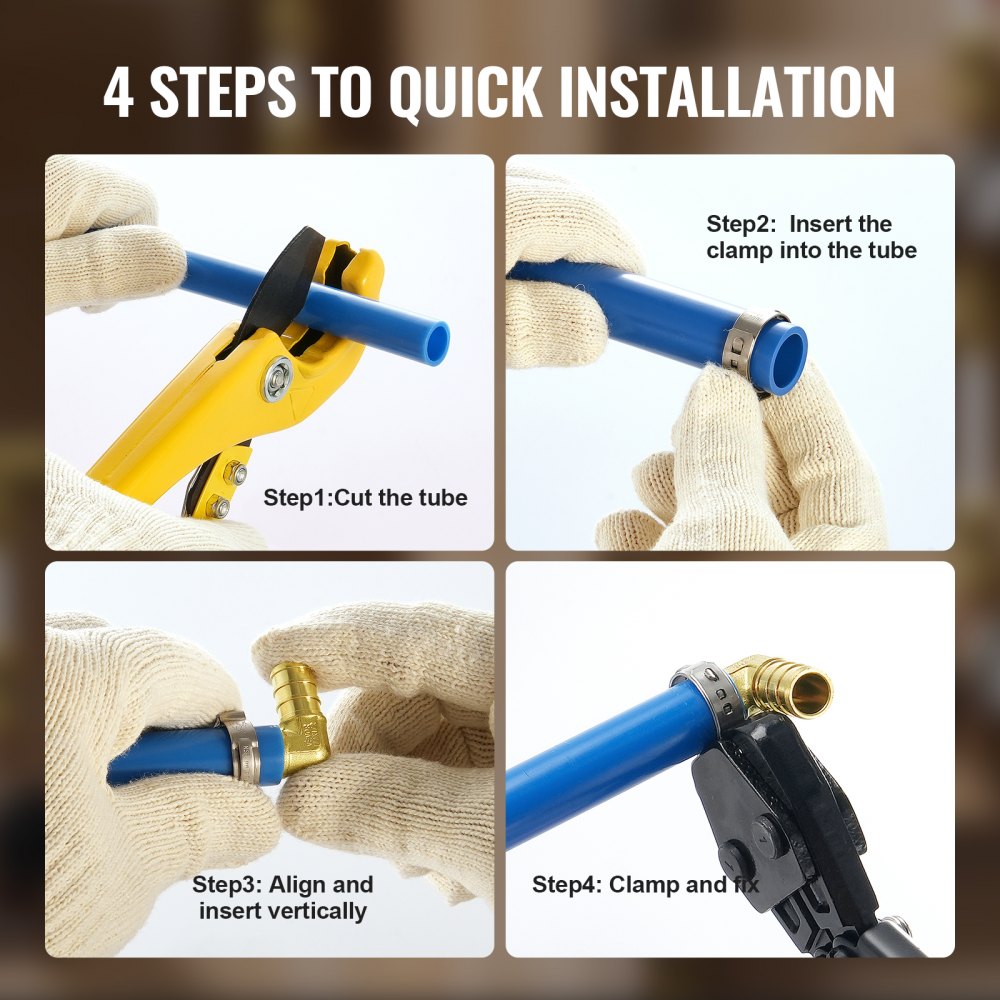 Four-step diagram showing quick installation of 1/2-inch brass clamp-style elbow PEX pipe fittings.