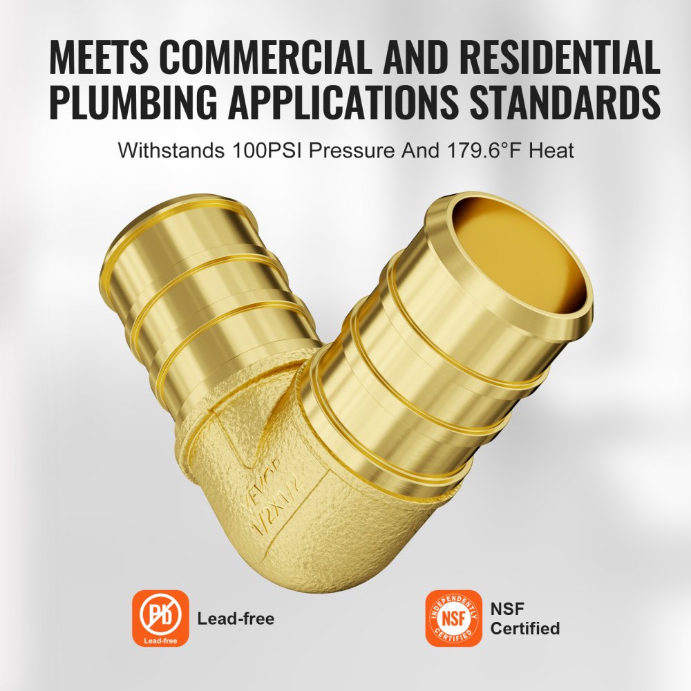 Golden brass 1/2-inch clamp-style elbow pipe fitting for PEX systems, lead-free and NSF certified.