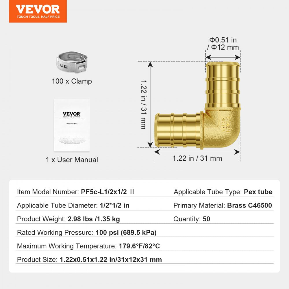 50-pack of 1/2-inch brass clamp-style elbow pipe fittings for PEX tubing with dimensions and specs.