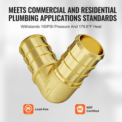 Golden brass clamp-style elbow pipe fitting for 3/4-inch PEX tubing, lead-free and NSF certified.
