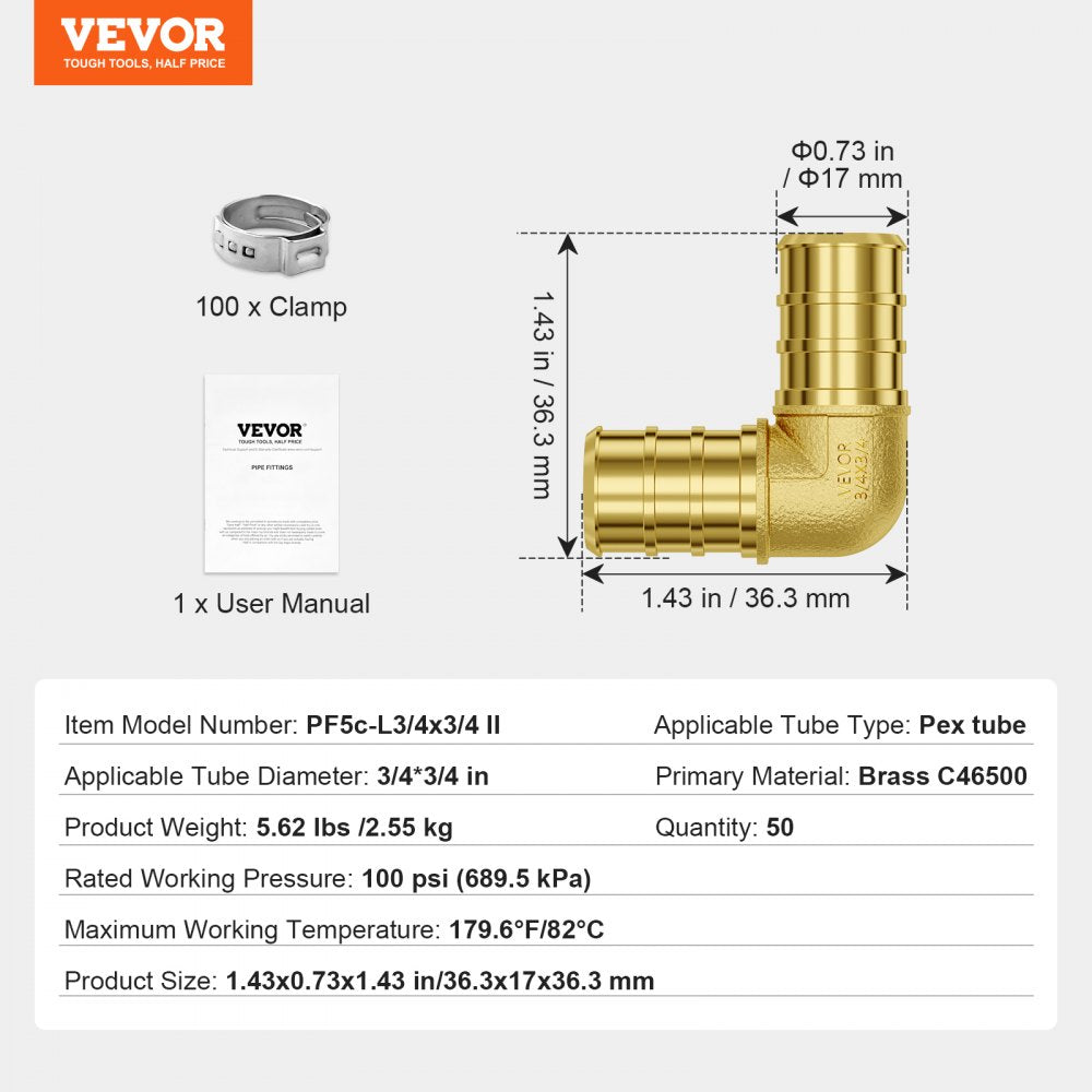 50 brass clamp-style elbow pipe fittings for 3/4-inch PEX tubing, made of C46500 brass.