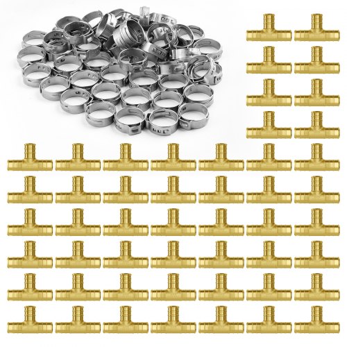 50 brass clamp-style tee fittings and stainless steel clamps for 1/2-inch PEX plumbing.