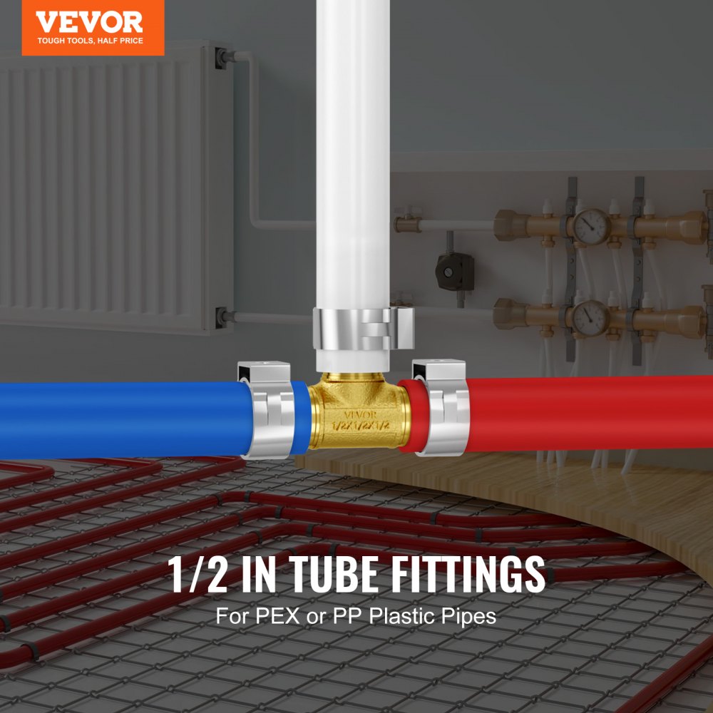 50 brass clamp-style tee fittings for 1/2-inch PEX or plastic pipes, shown connecting blue and red tubes.