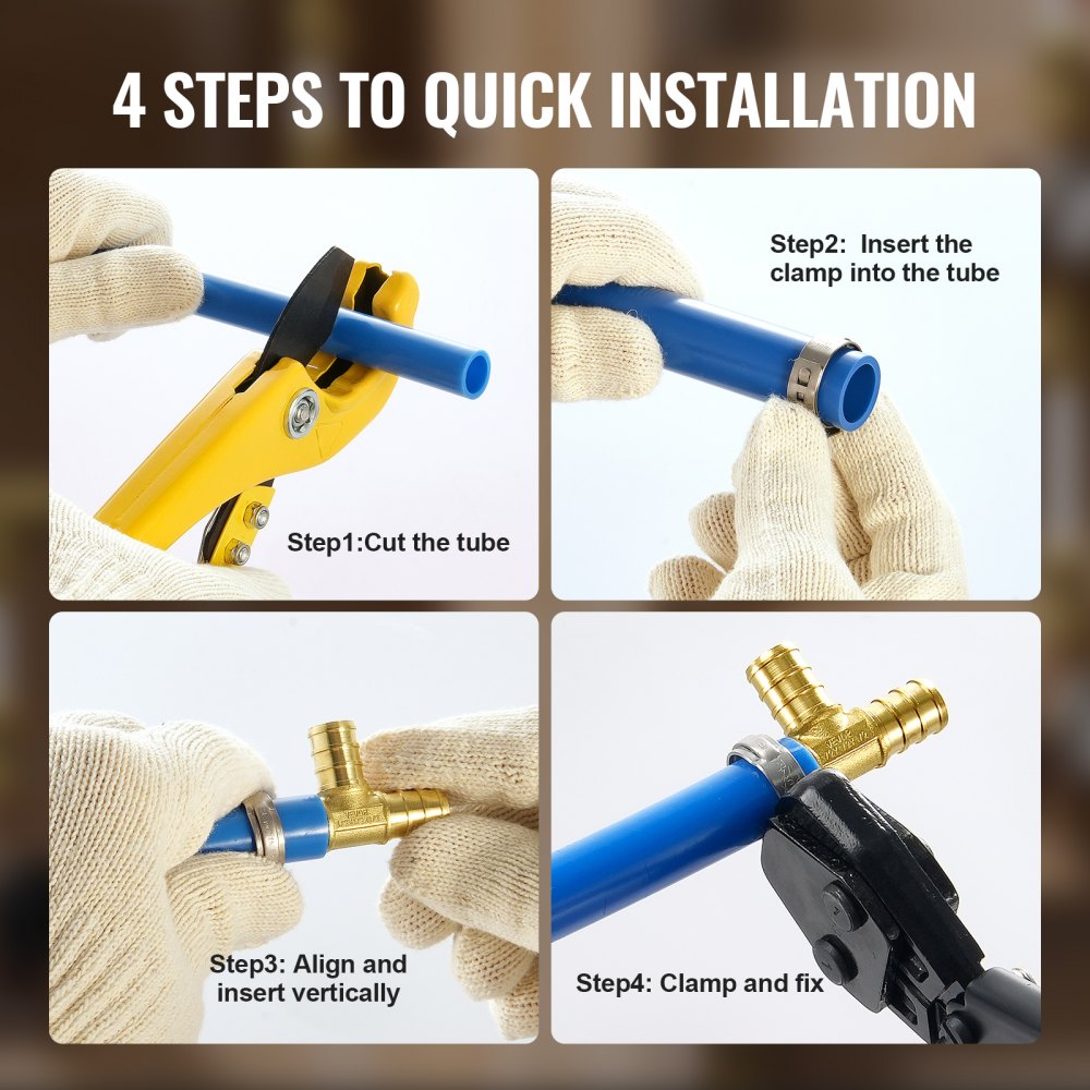 Hands installing brass clamp-style tee fittings on blue PEX plumbing tubes with gloves.