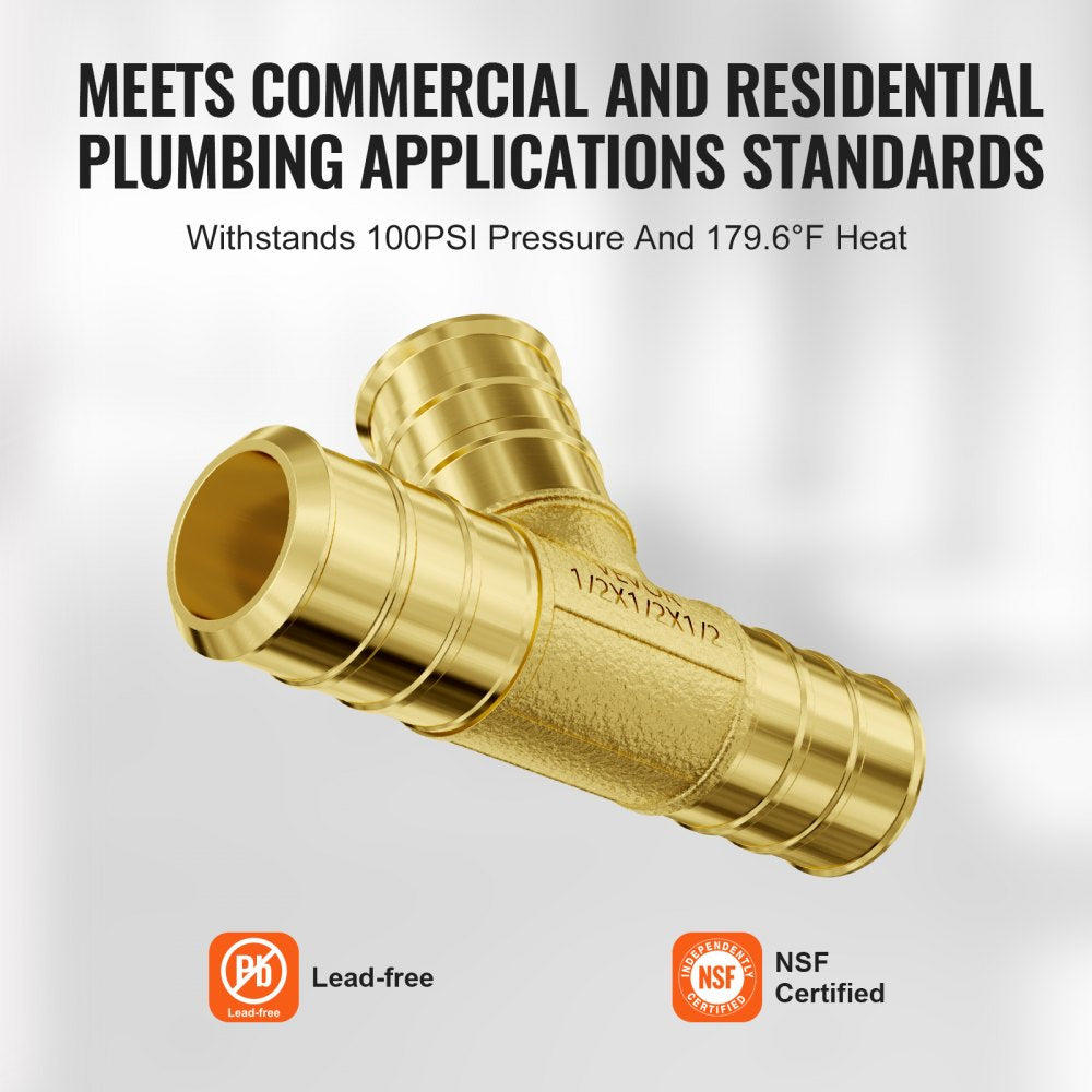 Golden brass clamp-style tee fitting for 1/2-inch PEX plumbing, lead-free and NSF certified.