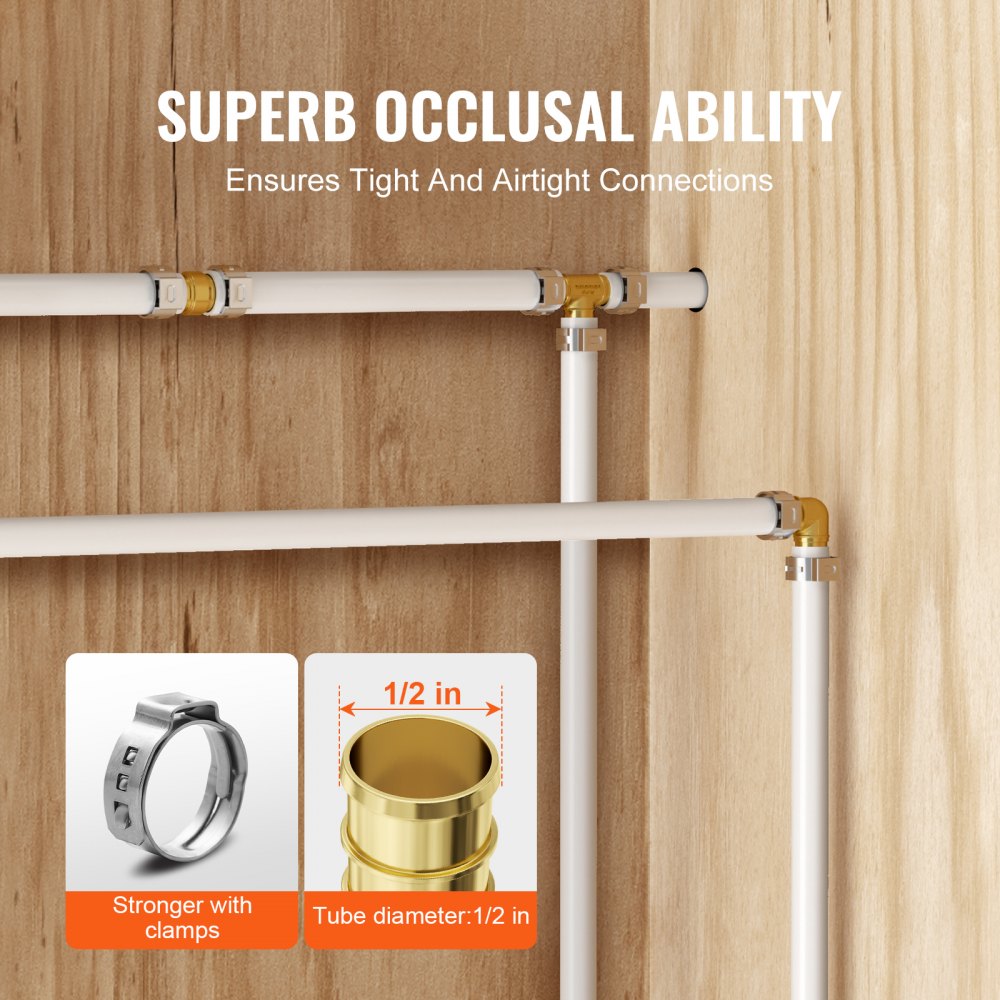 50 brass clamp-style tee fittings for 1/2-inch PEX plumbing with clamps on white tubes against wood.