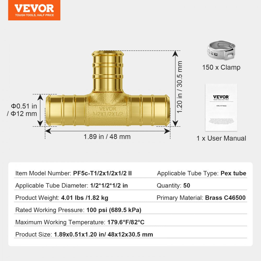 50 brass clamp-style tee fittings for 1/2-inch PEX tubing, with dimensions and clamps shown.