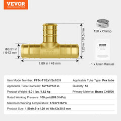 50 brass clamp-style tee fittings for 1/2-inch PEX tubing, with dimensions and clamps shown.