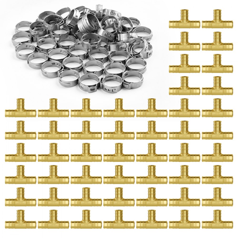 50 brass clamp-style tee fittings for 1/2 inch PEX plumbing with stainless steel clamps