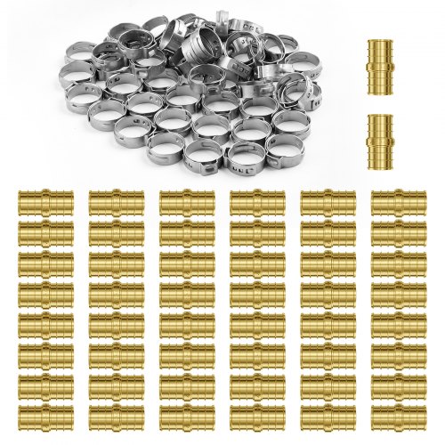 Pack of 50 brass 1/2-inch clamp-style straight-through pipe fittings with clamps.