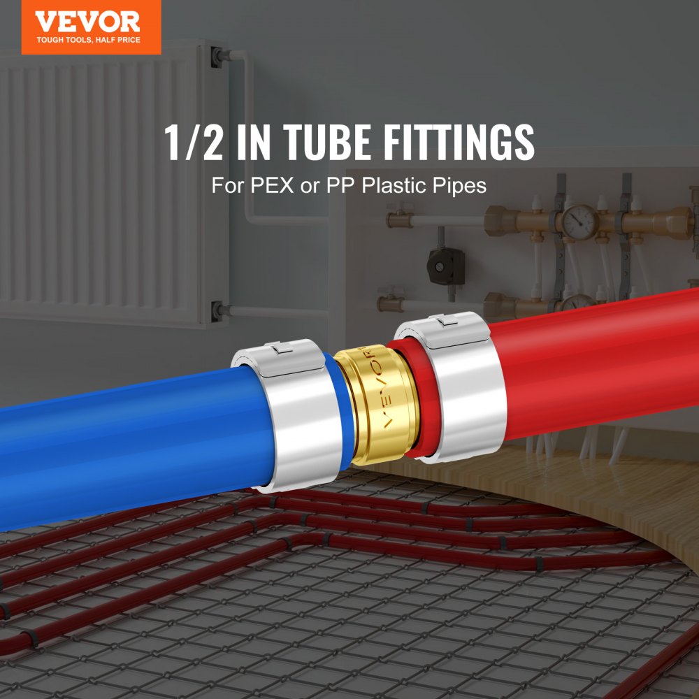 Pack of 50 Bostome 1/2-inch brass clamp-style straight-through pipe fittings for PEX or PP plastic pipes.