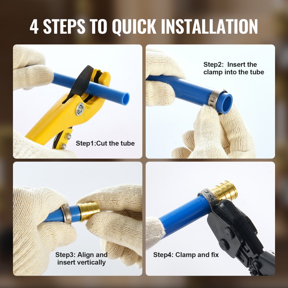 Four-step diagram showing quick installation of 1/2-inch brass clamp-style pipe fittings on blue tubes.
