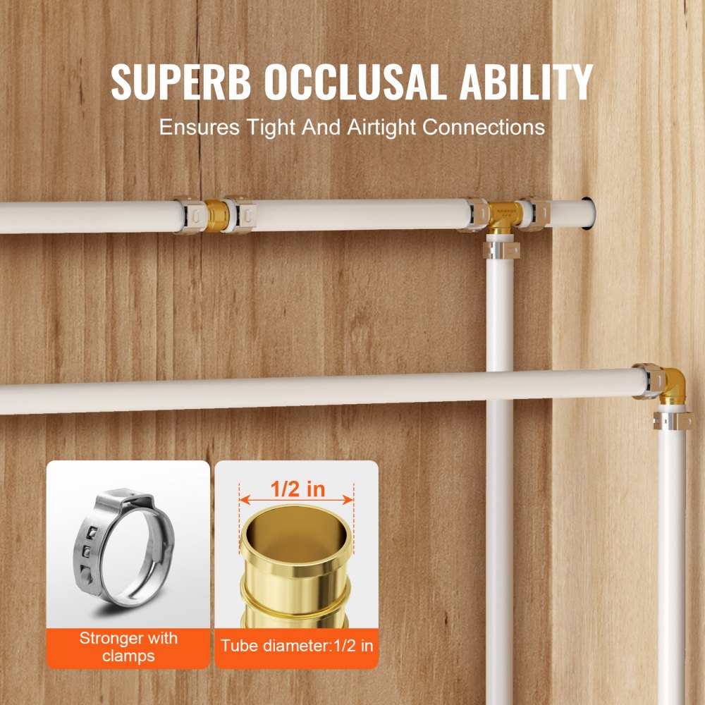 50 brass clamp-style straight-through pipe fittings for 1/2-inch pipes, shown installed on white tubes against wood.