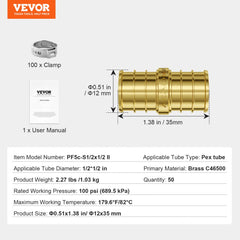 50 brass clamp-style straight-through 1/2-inch PEX pipe fittings with clamps and manual.