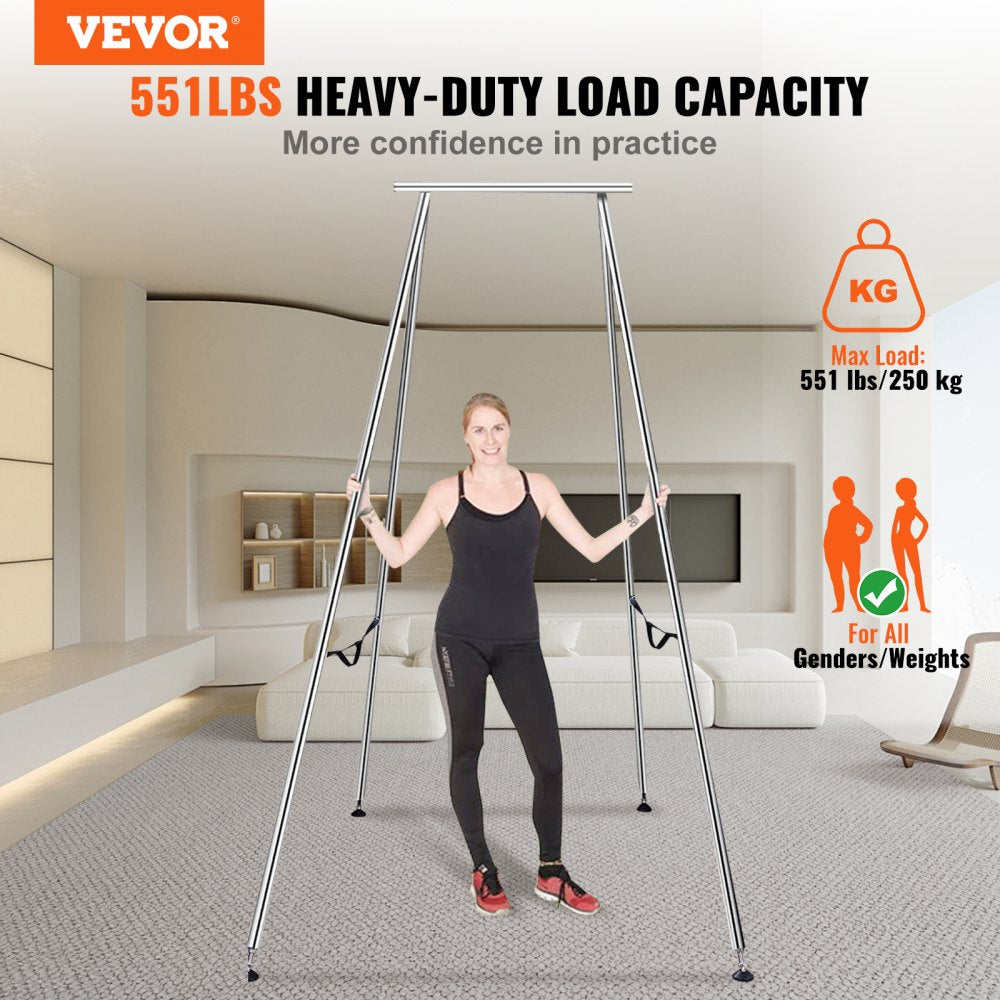 A tall chrome-plated steel aerial yoga frame with a 551lbs load capacity for stability.