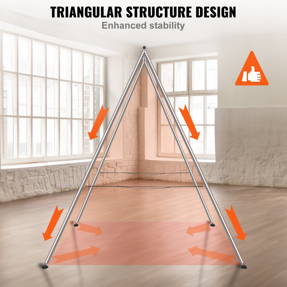 A tall chrome-plated steel aerial yoga frame with a 9.67ft height and stable triangular design.