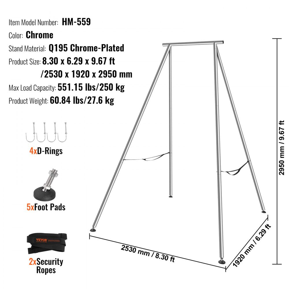 A chrome-plated steel aerial yoga frame standing 9.67ft tall with a 551lbs load capacity.
