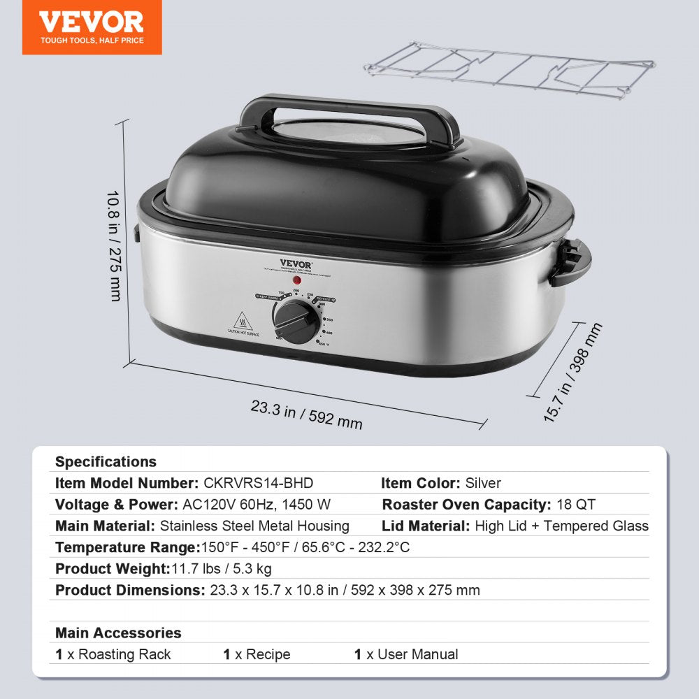 Electric Roaster Oven, 18 QT Turkey Roaster Oven with Self-Basting Lid, 1450W Roaster Oven with Defrost & Warm Function, Adjustable Temperature, Removable Pan & Rack, Fits Turkeys Up to 22LBS