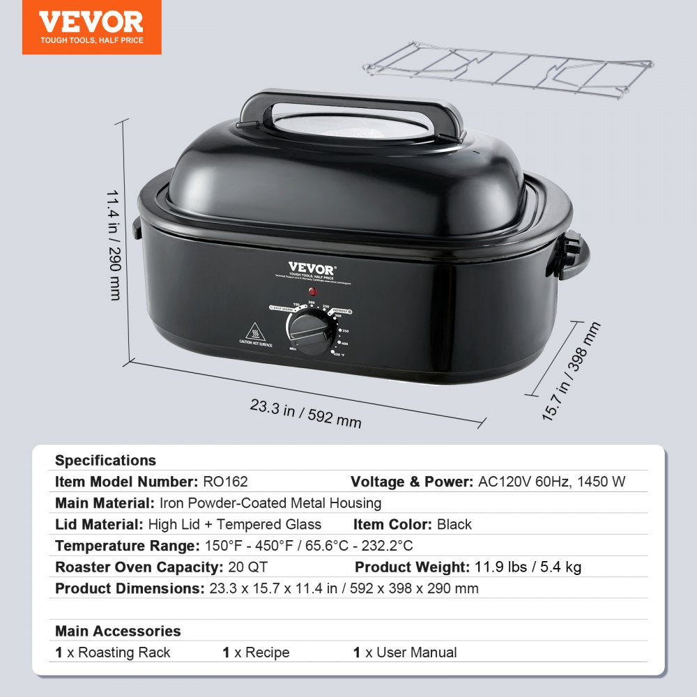Electric Roaster Oven, 20 QT Turkey Roaster Oven with Self-Basting Lid, 1450W Roaster Oven with Defrost & Warm Function, Adjustable Temperature, Removable Pan & Rack, Fits Turkeys Up to 24LBS