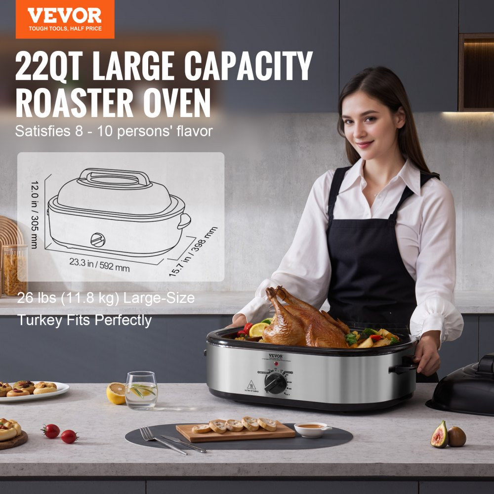 Electric Roaster Oven, 22 QT Turkey Roaster Oven with Self-Basting Lid, 1450W Roaster Oven with Defrost & Warm Function, Adjustable Temp, Removable Pan & Rack, Fits Turkeys Up to 26LBS, Silver