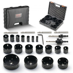 18-piece Bostome Bi-Metal M42 hole saw kit for cutting wood and metal with various sizes.