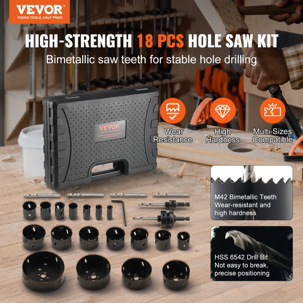 18-piece Bostome Bi-Metal M42 hole saw kit for cutting wood and metal with various sizes.