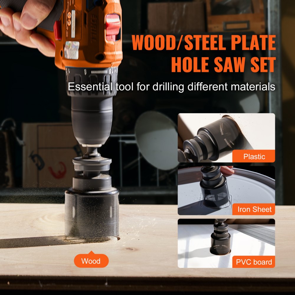 18-piece Bostome Bi-Metal M42 hole saw kit for cutting wood and metal with various sizes.