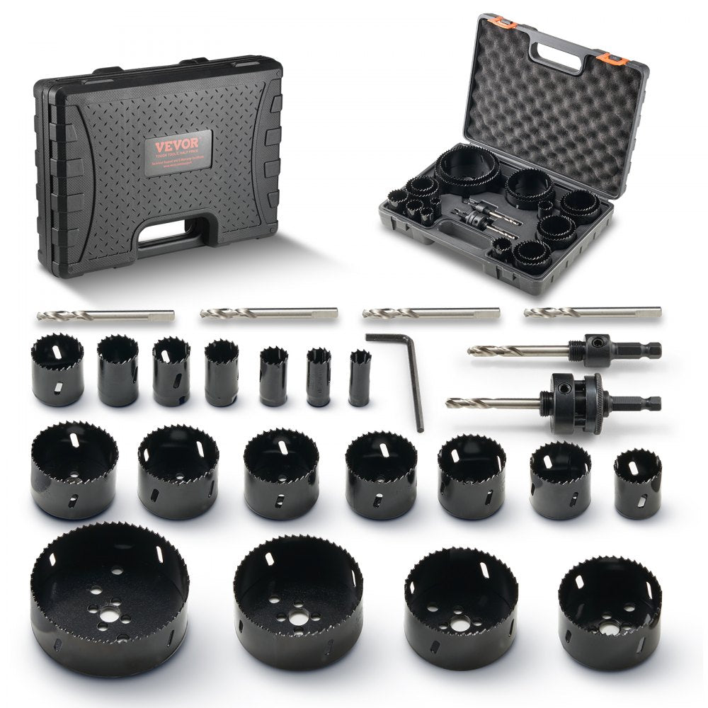18-piece Bostome Bi-Metal M42 hole saw kit for cutting wood and metal with various sizes.