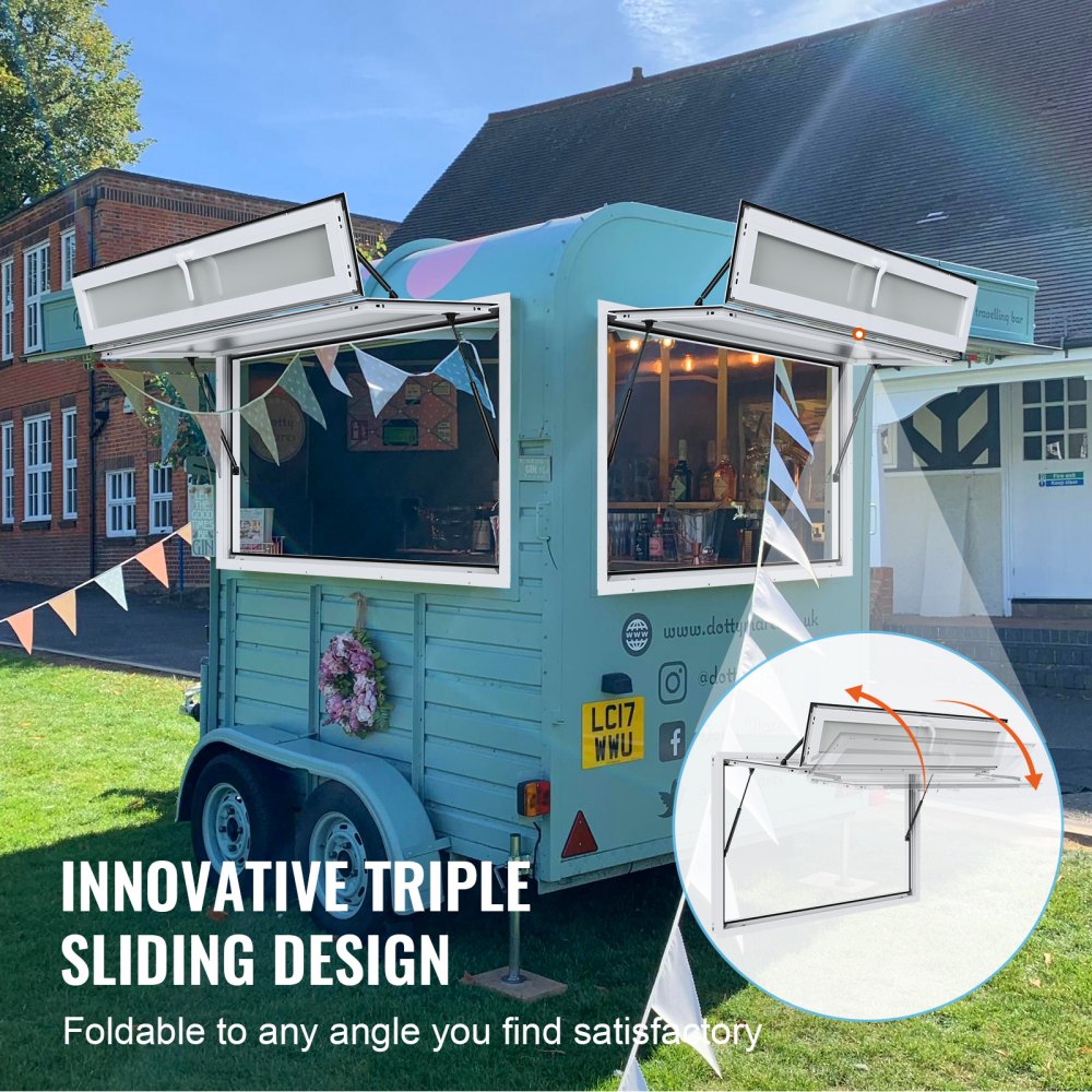 Concession Window 60"x36", Aluminum Alloy Food Truck Service Window with Triple Sliding Windows & Awning Door & Drag Hook, Up to 85 Degrees Serving Window for Food Trucks Concession Trailers