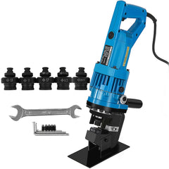 Electric hydraulic hole puncher with 900W motor and five dies for precise hole making.