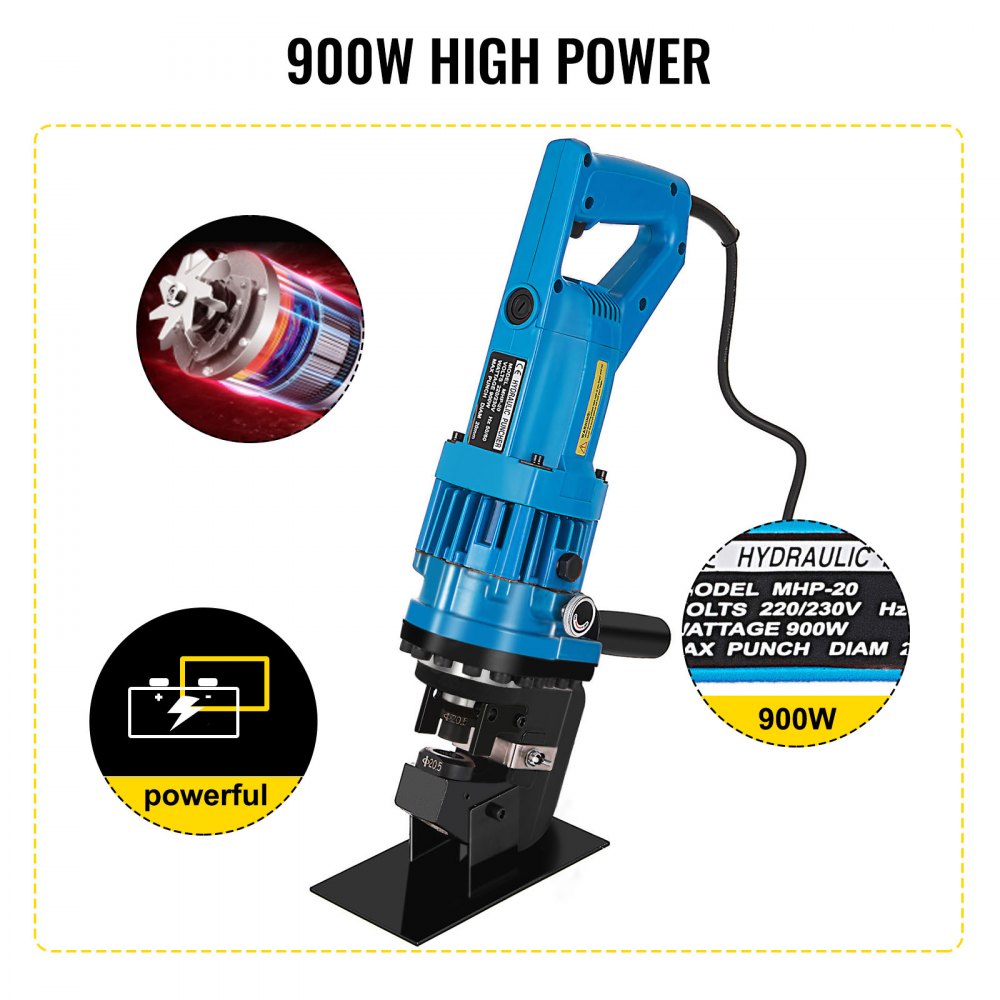 Electric hydraulic hole puncher with a 900W motor and five standard dies for precise punching.