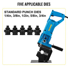 Electric hydraulic hole puncher with 900W motor and five standard dies for precise punching.