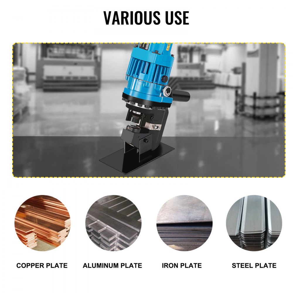 Electric hydraulic hole puncher with a 900W motor and five standard dies for precise punching.