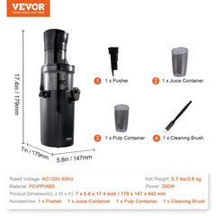 Masticating Juicer, Cold Press Juicer Machine, 2.6" Large Feed Chute Slow Juicer, Juice Extractor Maker with High Juice Yield, Easy to Clean with Brush, for High Nutrient Fruits Vegetables