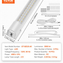 10 Pack LED Shop Light, 4 FT, 40W Linkable Shop Light Fixture, 5000 LM Ceiling Lights 59 in Power Cords with ON/OFF Switch 48 in Connector Cables, for Garage Warehouse Home Workkshop and Office