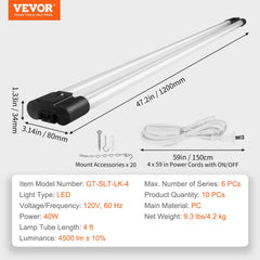 10 Pack LED Shop Light, 4 FT, 40W Linkable Shop Light Fixture, 4500 LM Surface & Hanging Mount Ceiling Lights 59 in Power Cords with ON/OFF Switch, for Garage Warehouse Home Workshop and Office