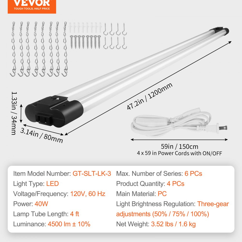 4 Pack LED Shop Light, 4 FT, 40W Linkable Shop Light Fixture, 4500 LM Surface & Hanging Mount Ceiling Lights 59 in Power Cords with ON/OFF Switch, for Garage Warehouse Home Workkshop and Office