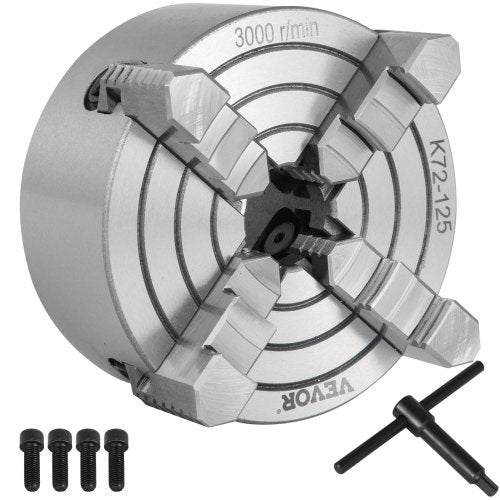 Bostome K72-125 lathe chuck with 4 jaws, cast iron body, and reversible design for versatile clamping.